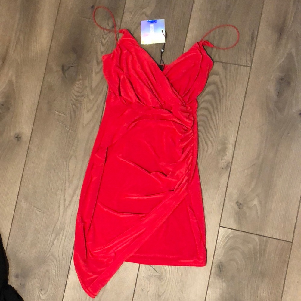 Red scrappy silky wrap bodycon